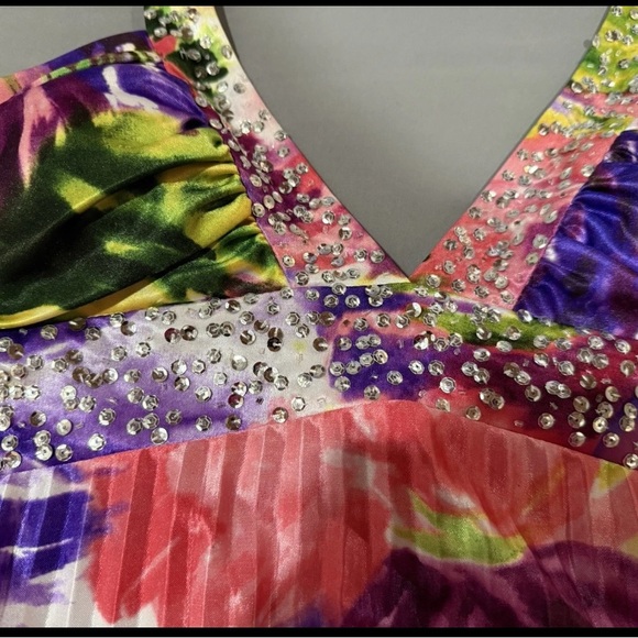 Vintage Beaded Halter Dress Y2K Watercolor Maxi Formal Fairy Sparkle Pink Prom - Picture 3 of 15